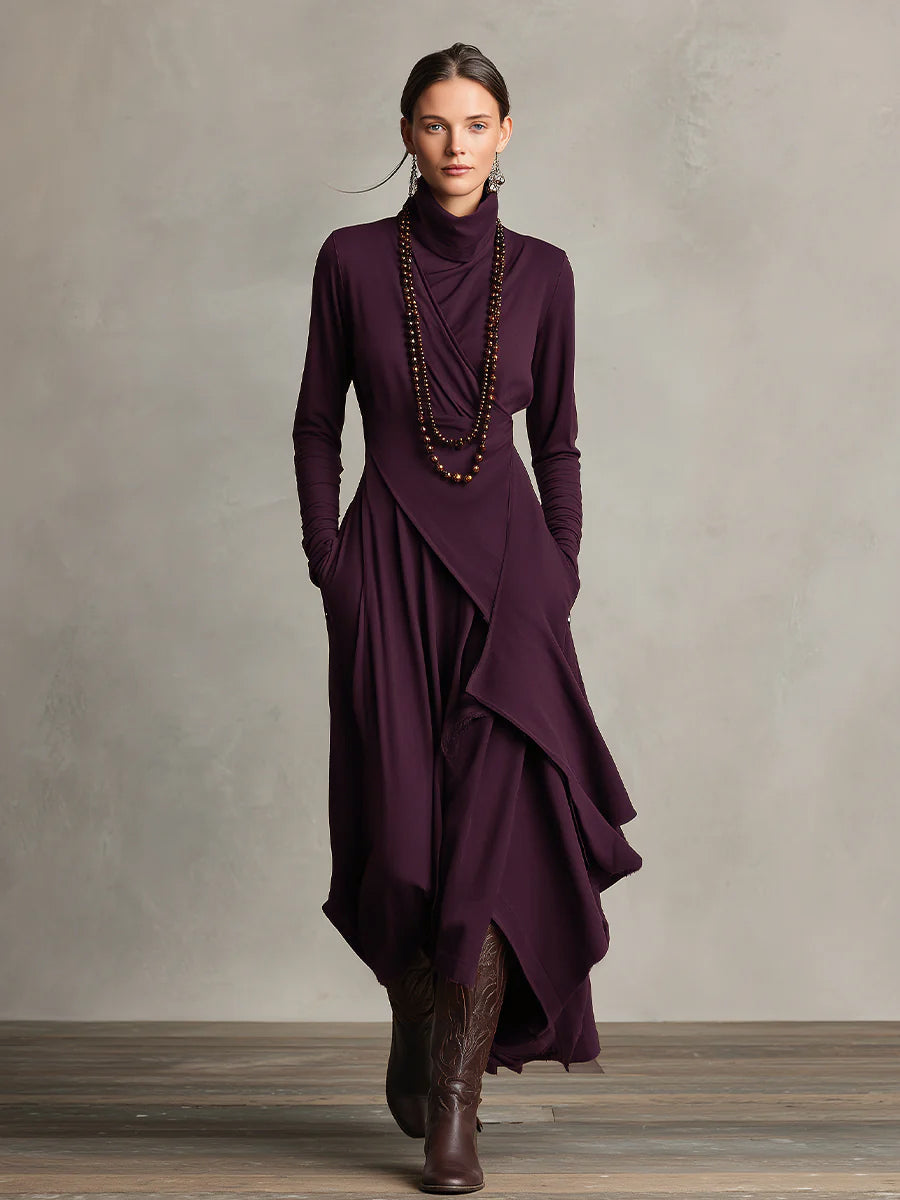 Dames Paarse Boheemse Katoenen Stretch Col Asymmetrische Geplooide Maxi Jurk MDA2055J9I