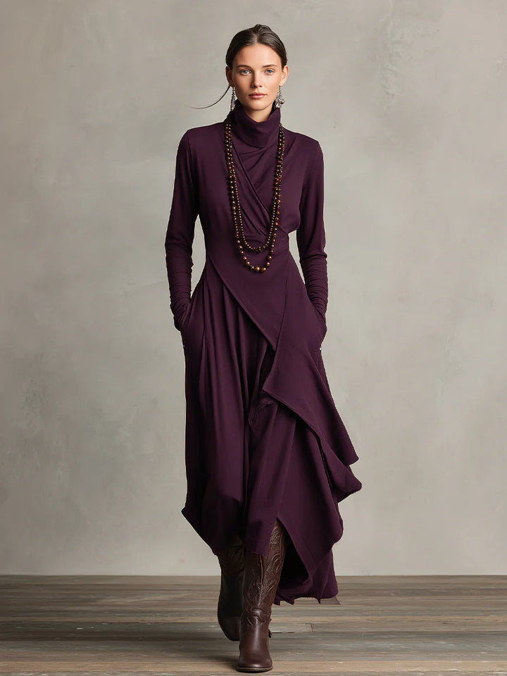 Dames Paarse Boheemse Katoenen Stretch Col Asymmetrische Geplooide Maxi Jurk MDA2055J9I