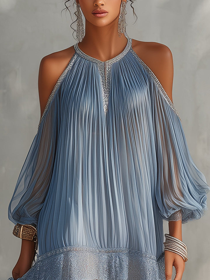 Séraphine | Mini Blauwe Jurk met Off-Shoulder en Kantzoom