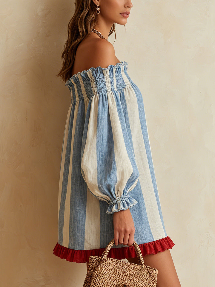 Ondine | Mini Gestreepte Blauwe en Witte Jurk met Ontblote Schouders en Contrasterende Zoom