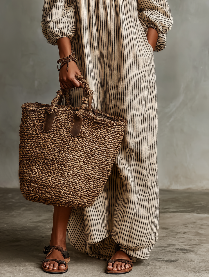 Vrouwen Vakantie Katoen-linnen Mix Off-shoulder Lange Mouwen Maxi Jurk MDZ0481B5Y
