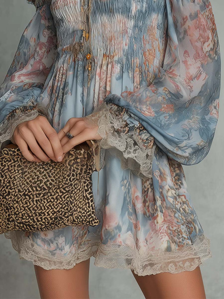 Romane | Mini Jurk van Geplooide Mousseline met Ontblote Schouders en Romantische Bloemen