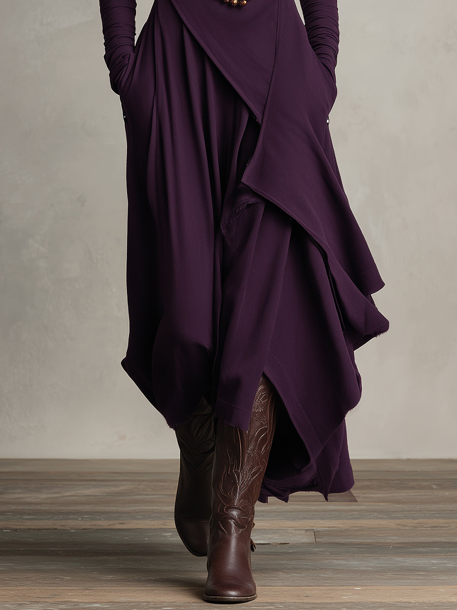 Dames Paarse Boheemse Katoenen Stretch Col Asymmetrische Geplooide Maxi Jurk MDA2055J9I