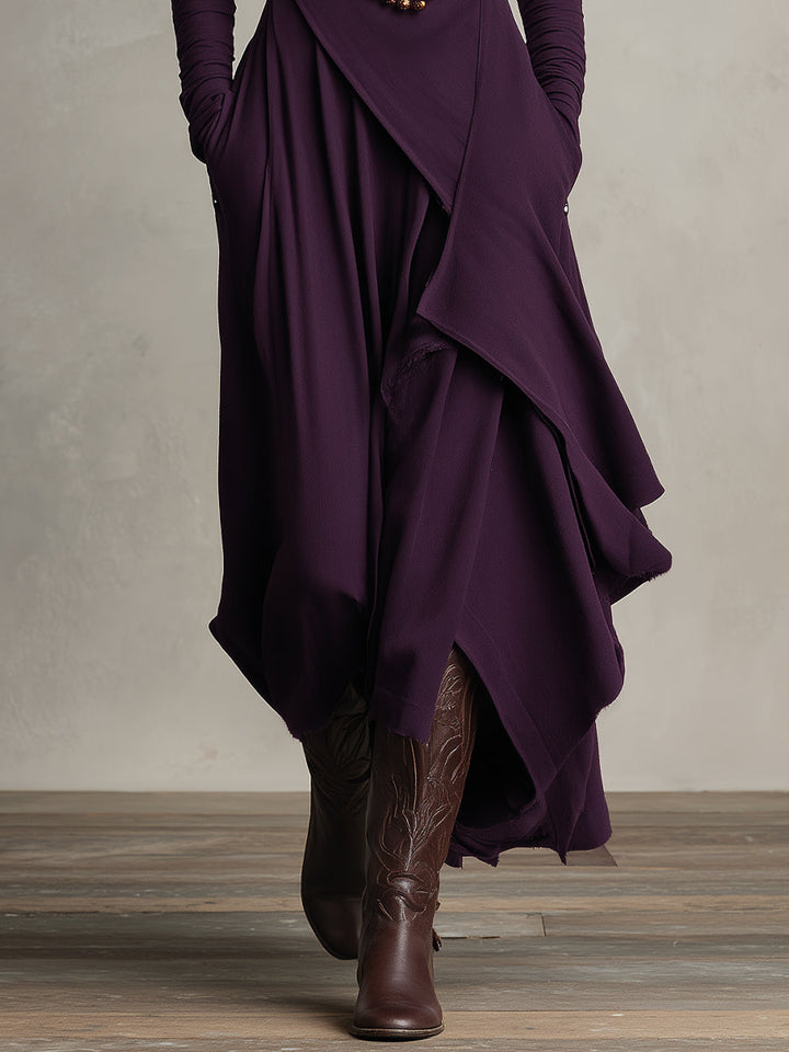 Dames Paarse Boheemse Katoenen Stretch Col Asymmetrische Geplooide Maxi Jurk MDA2055J9I
