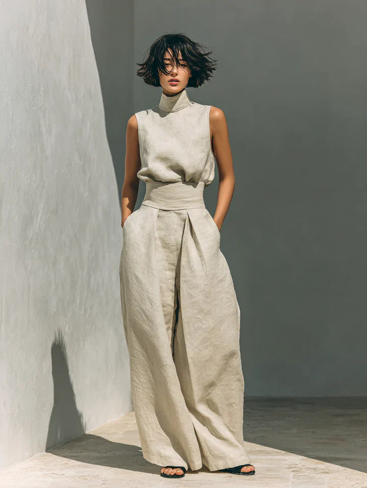 Flor™ | Minimalistische set van mouwloze blouse en wijde broek van katoen en linnen voor dames