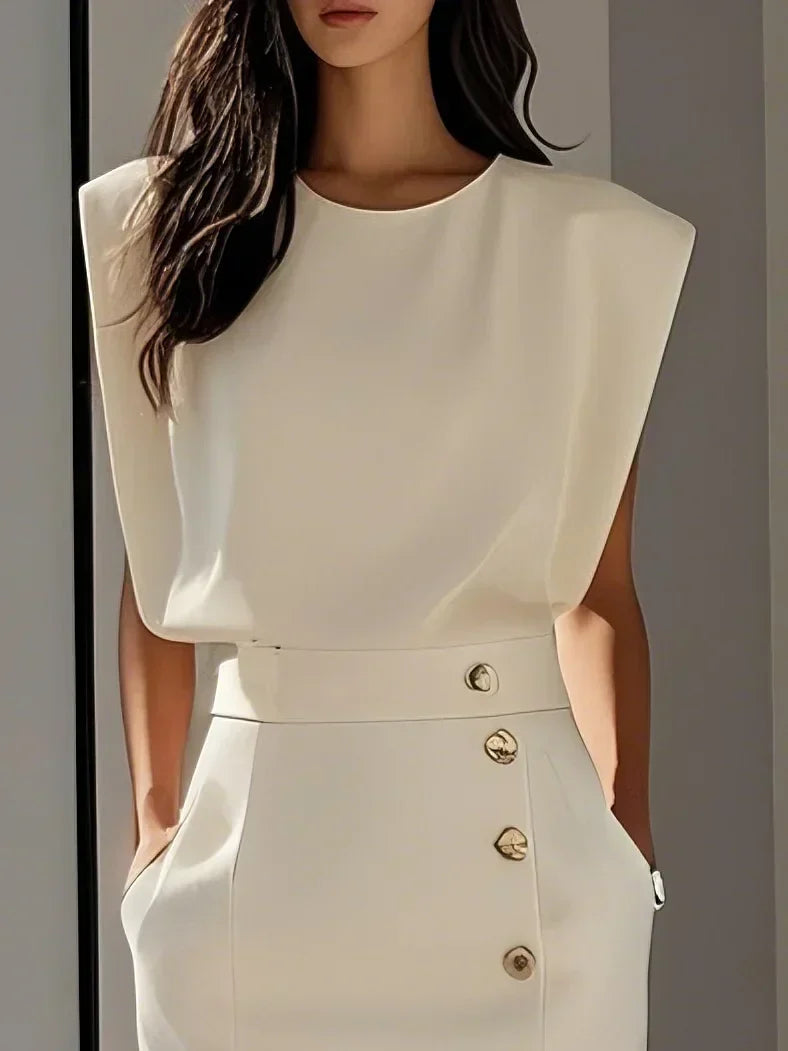 Malene™ | Effen midi-jurk met knoopsluiting en ronde hals