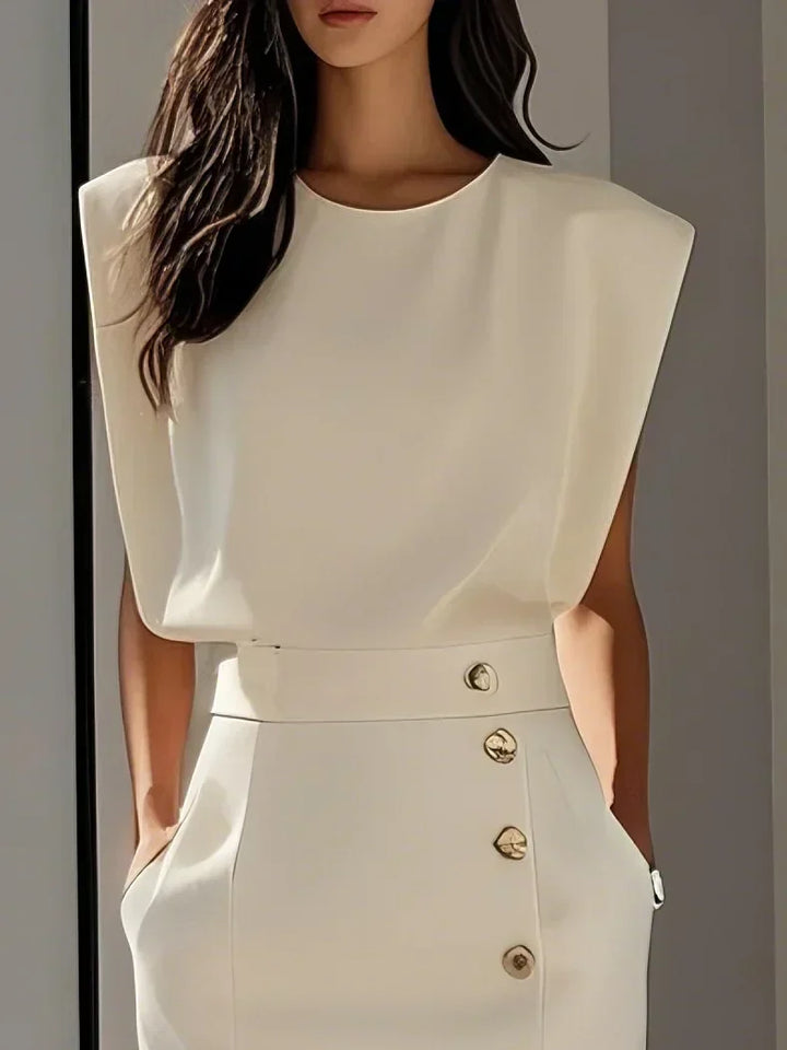 Malene™ | Effen midi-jurk met knoopsluiting en ronde hals