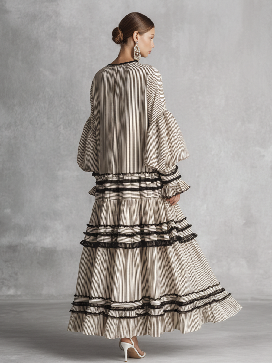 Dames Boho Gestreepte Ruffle Tiered Katoenmix Lange Mouwen Maxi Jurk MDZ1426B2BA