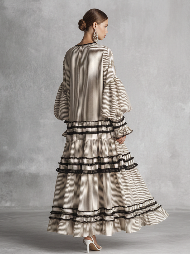 Dames Boho Gestreepte Ruffle Tiered Katoenmix Lange Mouwen Maxi Jurk MDZ1426B2BA