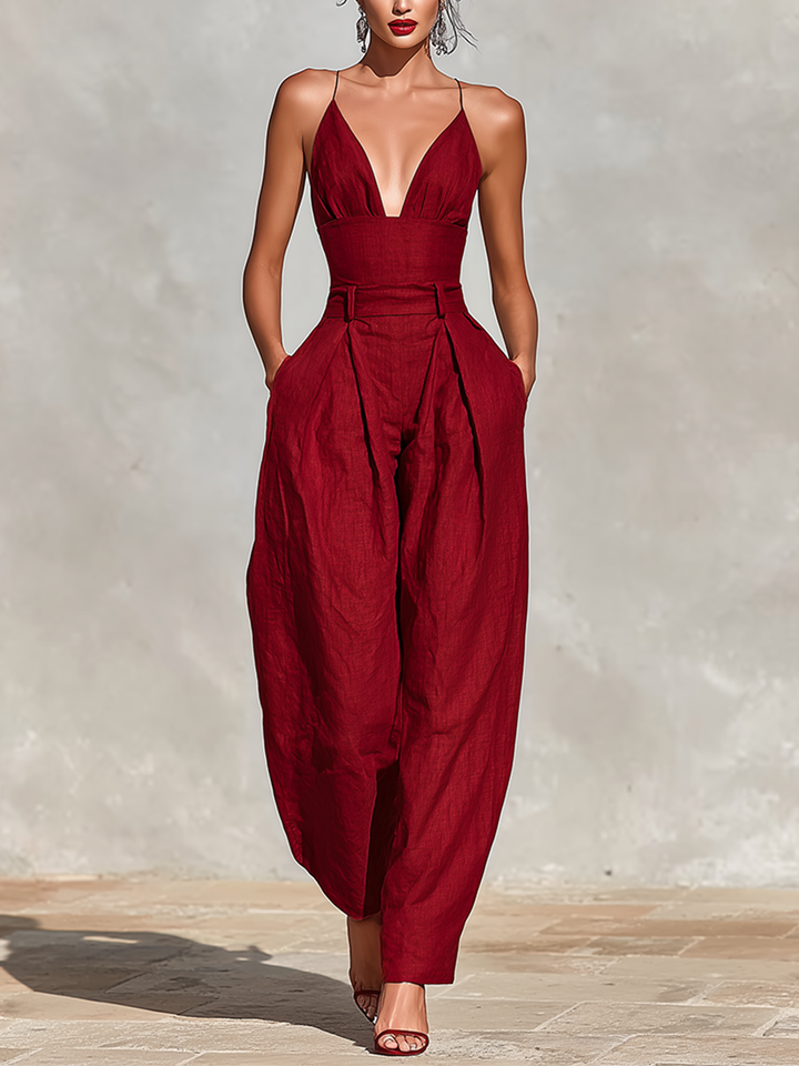 Dames Rode Linnen Jumpsuit Met Spaghetti Bandjes & Hoge Taille Plissé Broek, Tijdloze Romantisch-Elegante Stijl Jumpsuit MDZ1915C8I