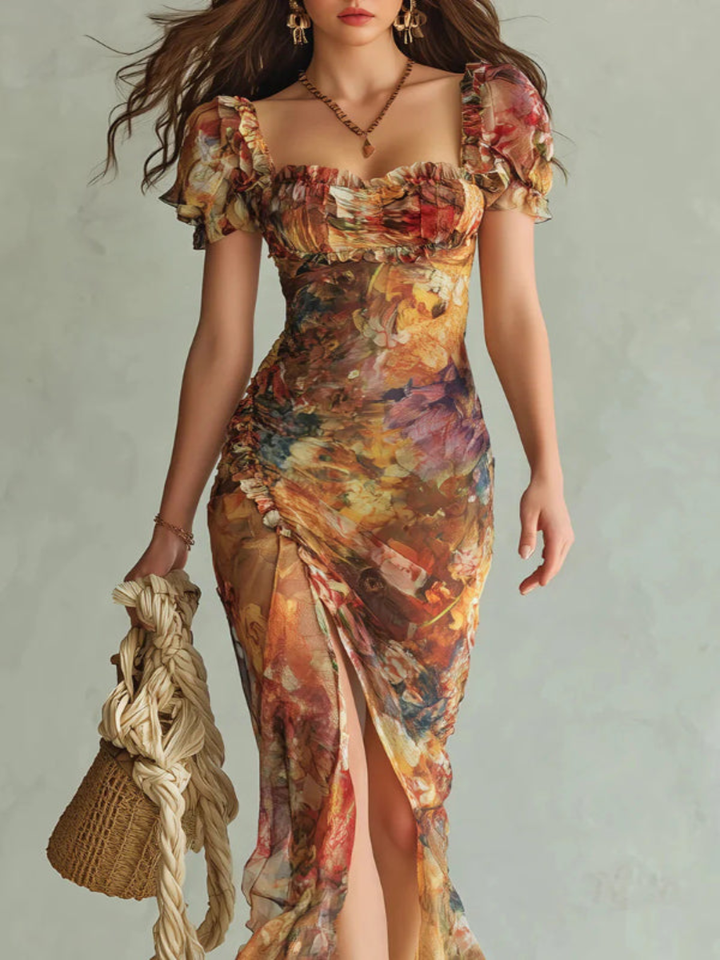 Maxi Elegante Jurk met Vierkante Hals, Korte Mouwen en Bloemenstrepen
