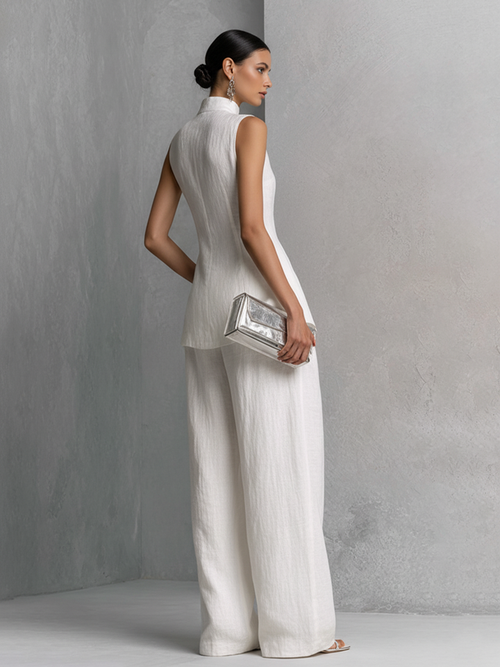 Dames Elegante Witte Katoen Linnen Mouwloze Top en Wijde Broek Set MDZ0221B1BA