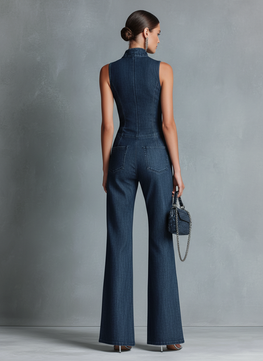 Dames Retro Stijl Donkerblauwe Denim Mouwloze Hoge Hals Uitlopende Jumpsuit Met Voorrits MDZ1239B2BA