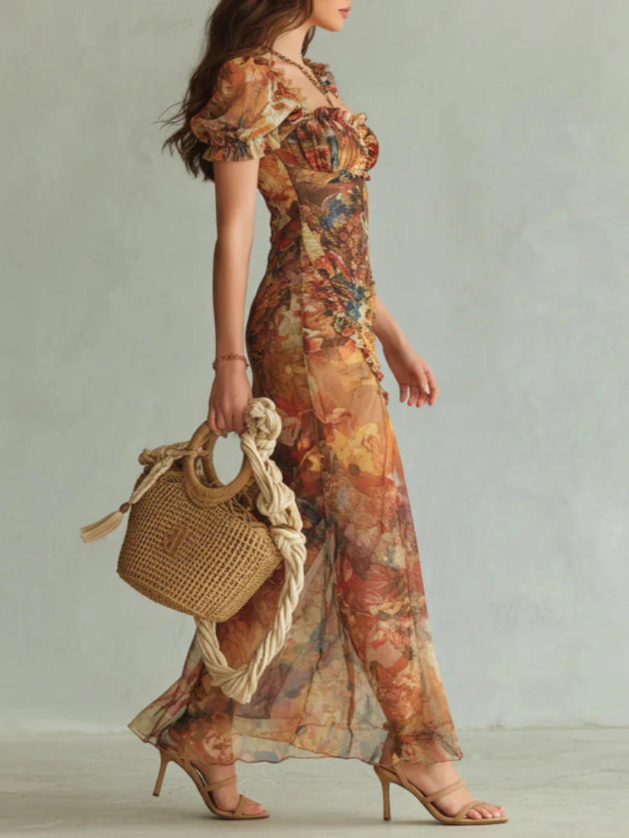 Maxi Elegante Jurk met Vierkante Hals, Korte Mouwen en Bloemenstrepen