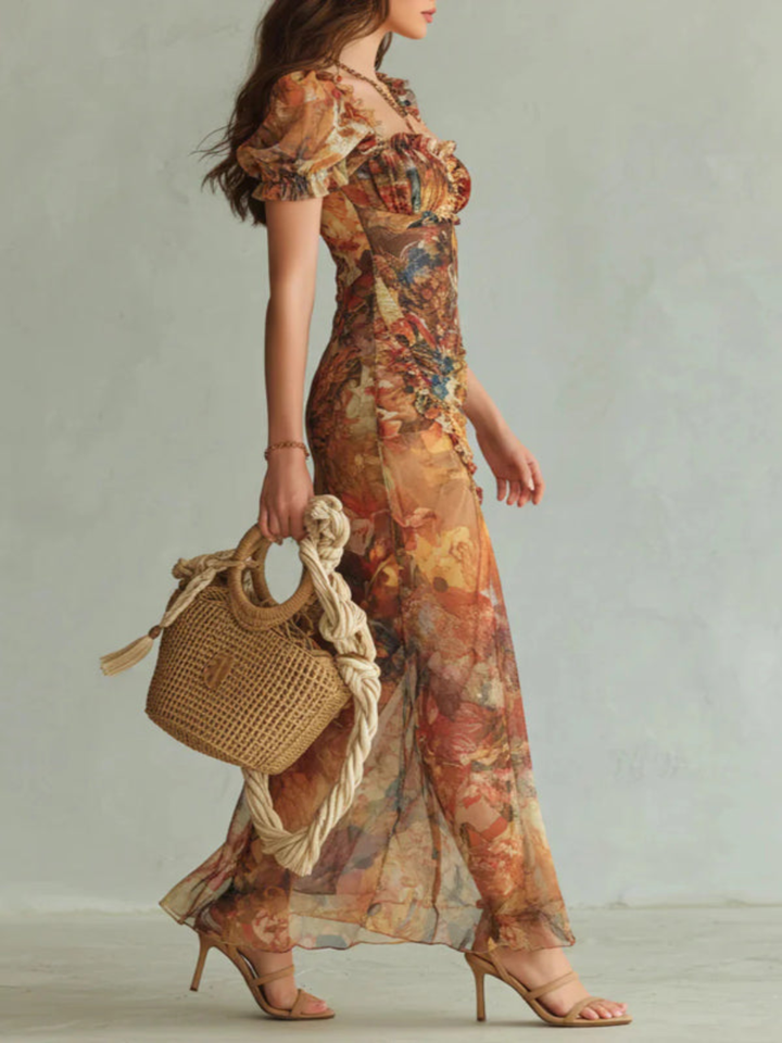 Maxi Elegante Jurk met Vierkante Hals, Korte Mouwen en Bloemenstrepen
