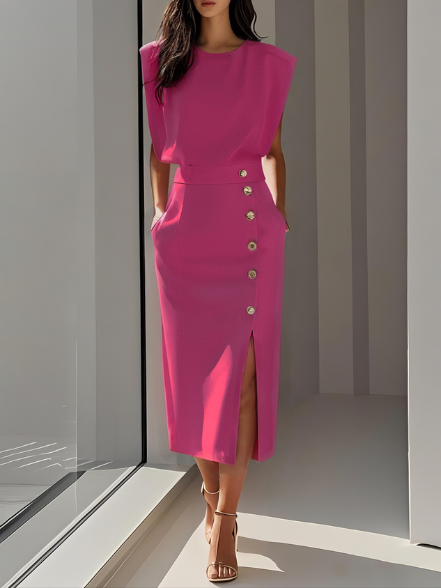 Malene™ | Effen midi-jurk met knoopsluiting en ronde hals