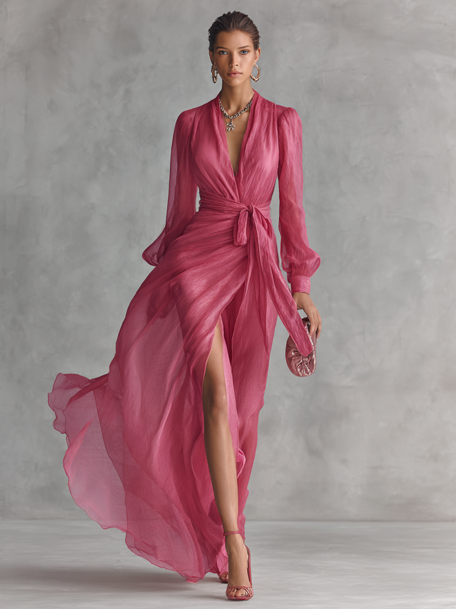 Elegante lange damesjurk in parelroze chiffon met V-hals en tailleband
