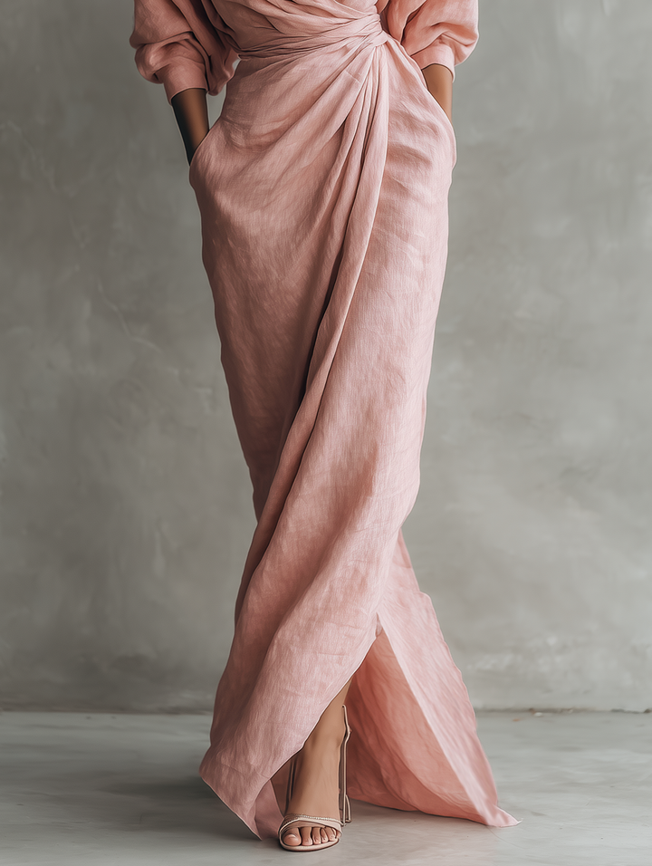 Minimalistische lange roze jurk met V-hals in linnenmix voor dames