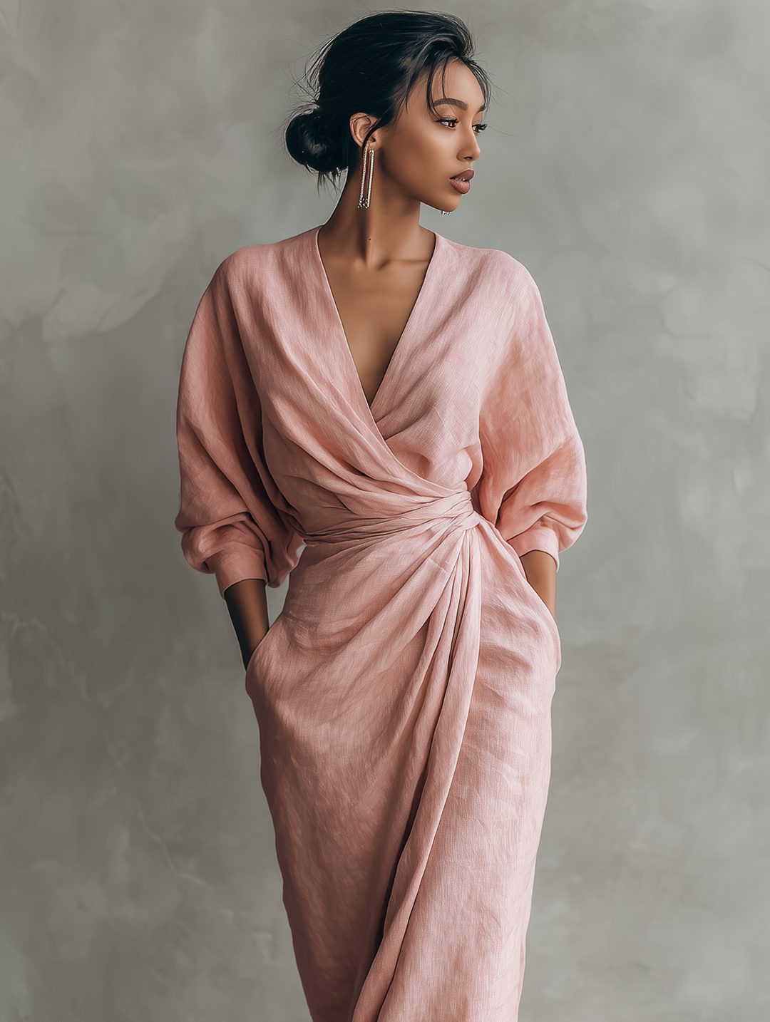 Dames Roze Minimalistische V-hals Linnenmix Maxi-jurk MDA1655L0Y
