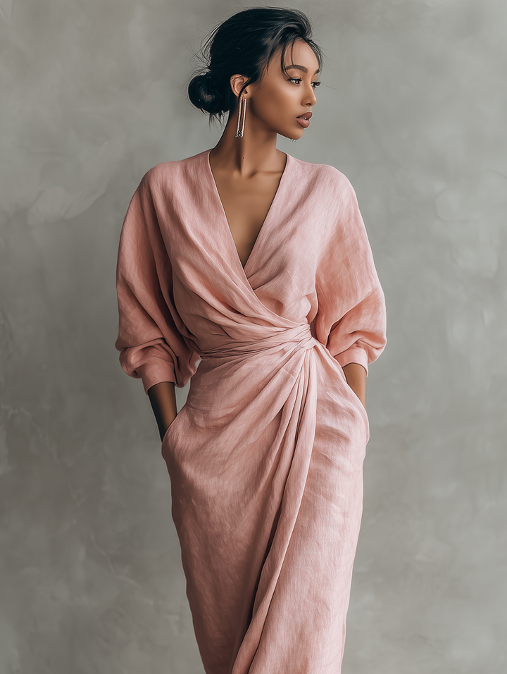 Dames Roze Minimalistische V-hals Linnenmix Maxi-jurk MDA1655L0Y