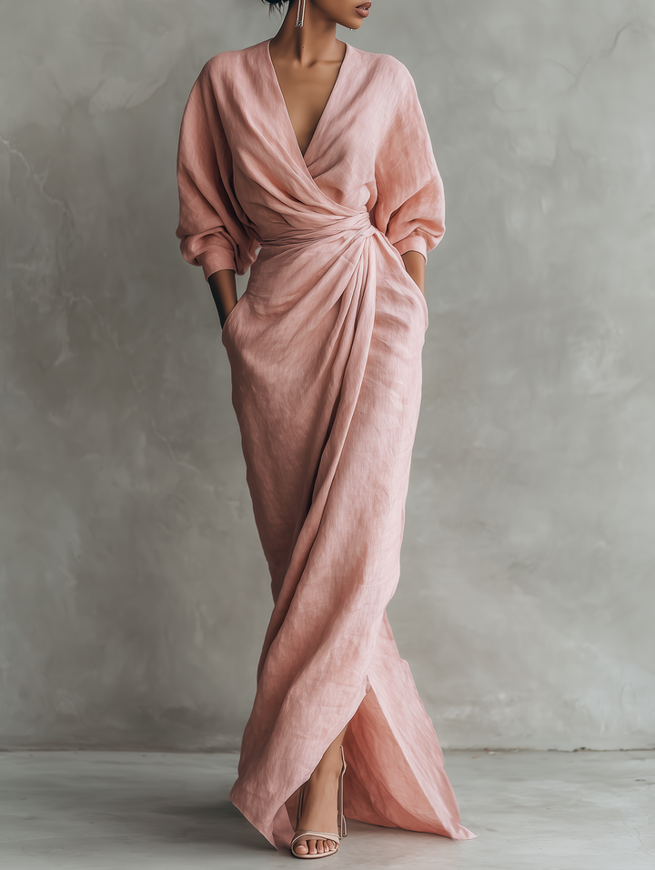 Dames Roze Minimalistische V-hals Linnenmix Maxi-jurk MDA1655L0Y