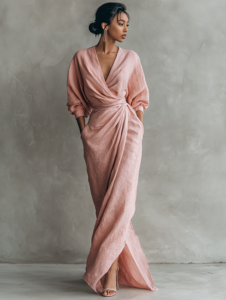 Minimalistische lange roze jurk met V-hals in linnenmix voor dames