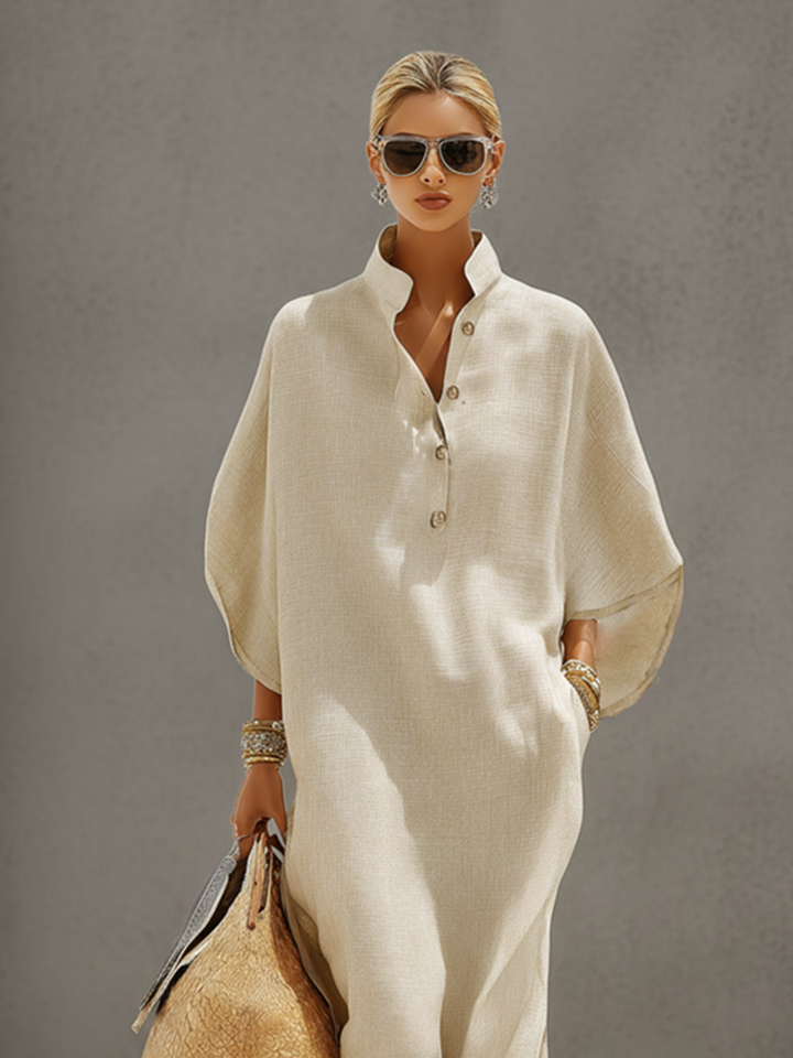 Dames Oatmeal Linnen Jurk Met Mandarin Kraag & Dolman Mouwen, Tijdloze Resort-Casual Stijl Jurk MDZ0552B1I