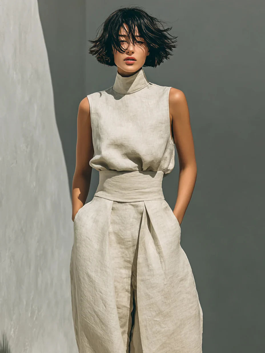 Flor™ | Minimalistische set van mouwloze blouse en wijde broek van katoen en linnen voor dames