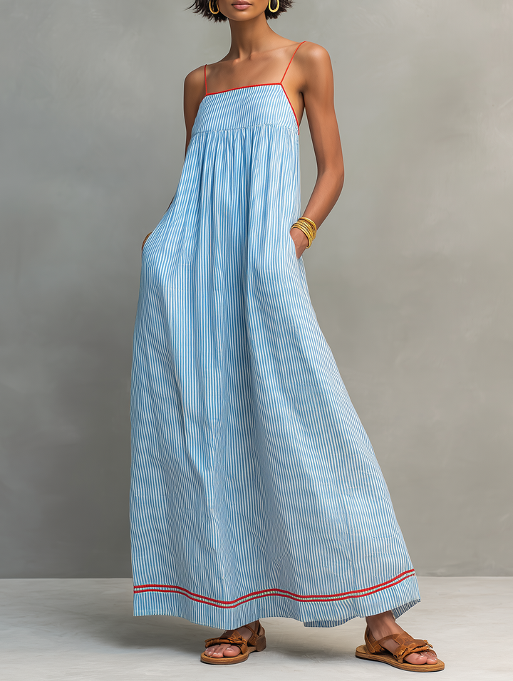Dames Minimalistische Gestreepte Maxi-jurk Met Rode Accenten En Spaghetti Bandjes MDZ2710C3Y