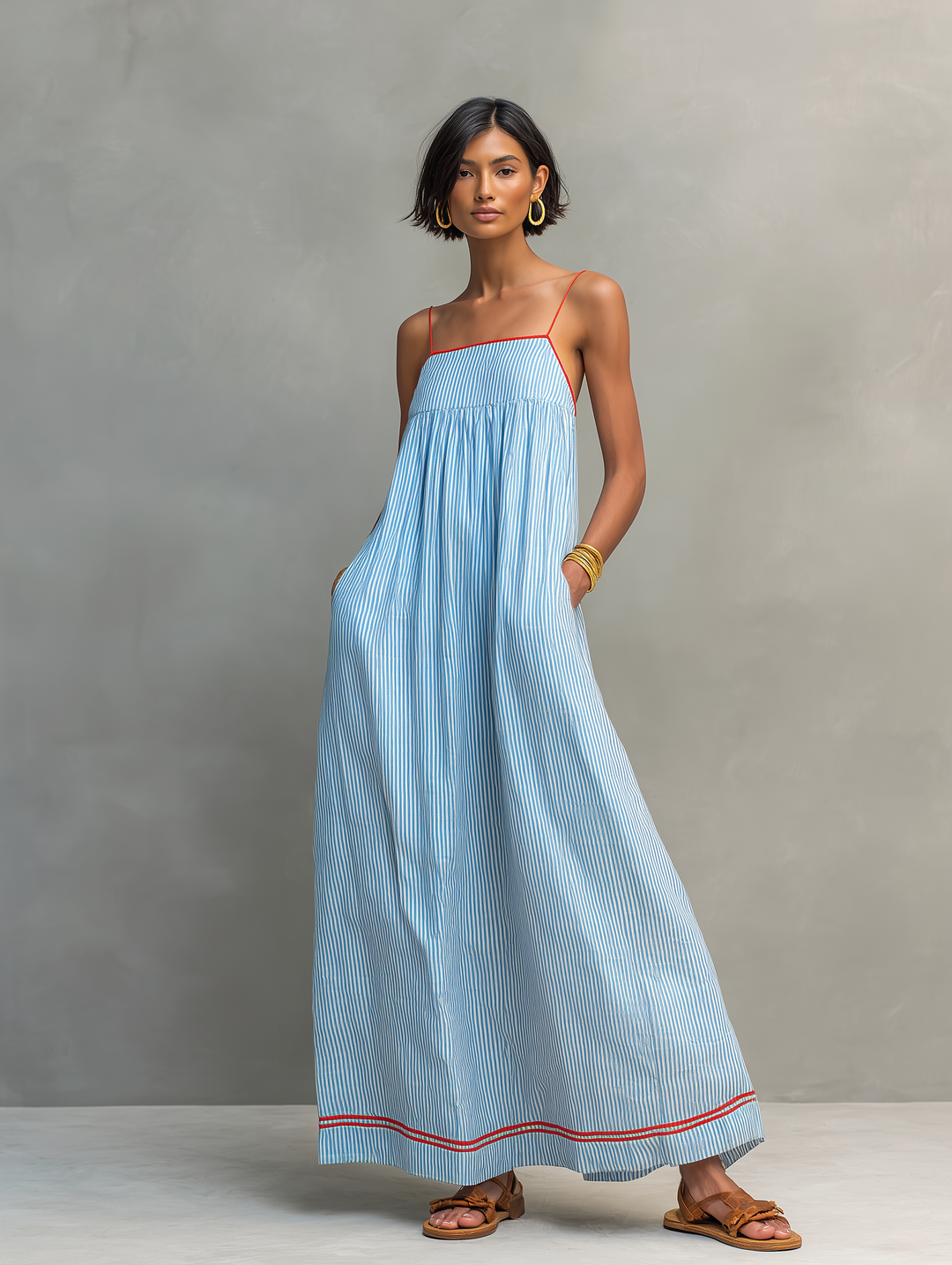 Dames Minimalistische Gestreepte Maxi-jurk Met Rode Accenten En Spaghetti Bandjes MDZ2710C3Y