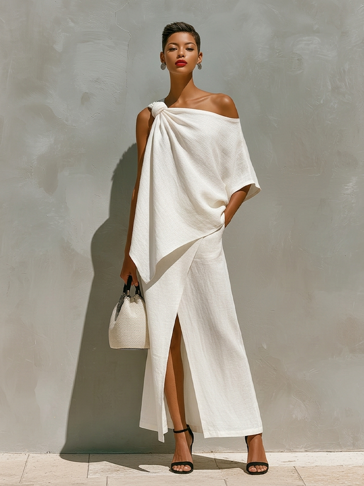 Dames Witte Linnen Set Met Eén-Schouder Knoopdetail & Voorsplit, Tijdloze Minimalistische Resortstijl Set MDZ2796C6I