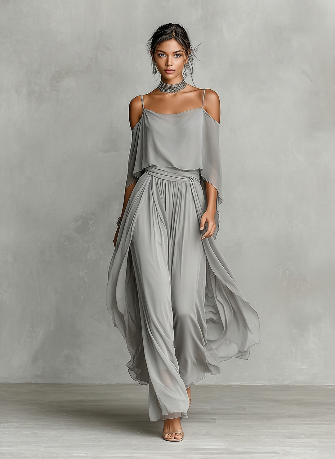 Dames Grijze Ademend Chiffon Set Met Koude Schouder Detail & Flared Silhouette, Hedendaagse Luxe-Vrouwelijke Stijl Set MDZ2651B6I