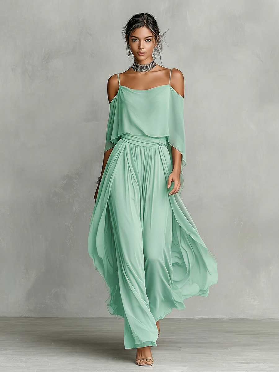 Dames Grijze Ademend Chiffon Set Met Koude Schouder Detail & Flared Silhouette, Hedendaagse Luxe-Vrouwelijke Stijl Set MDZ2651B6I