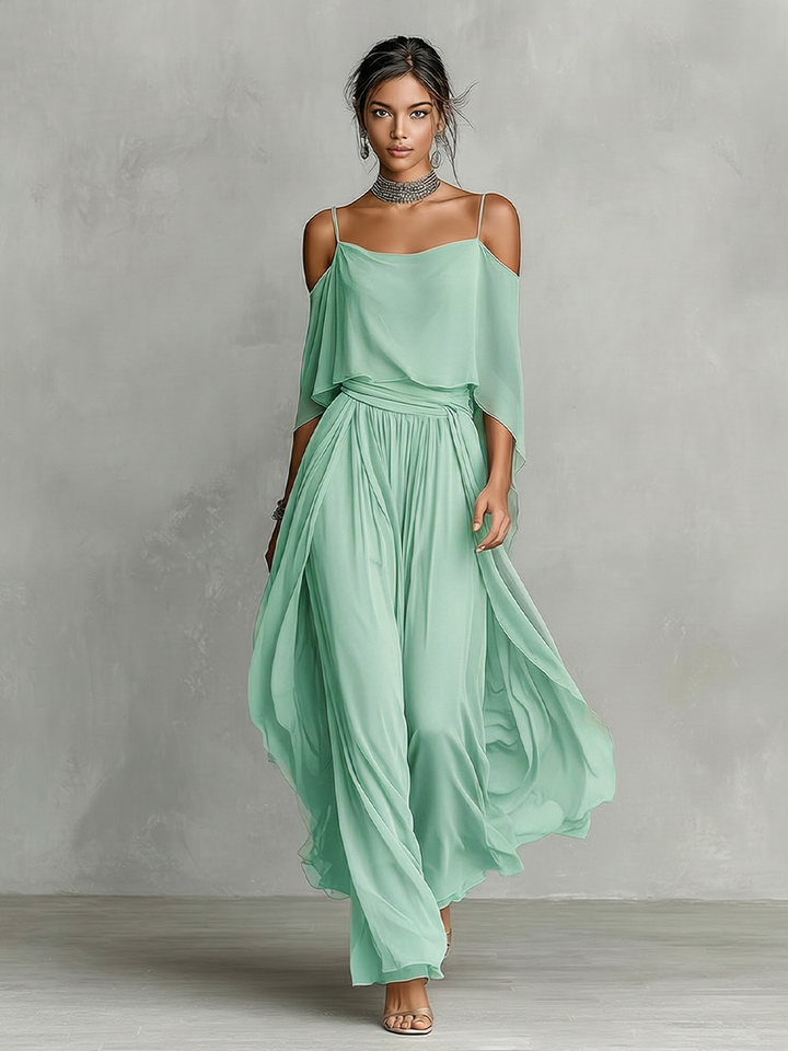 Dames Grijze Ademend Chiffon Set Met Koude Schouder Detail & Flared Silhouette, Hedendaagse Luxe-Vrouwelijke Stijl Set MDZ2651B6I