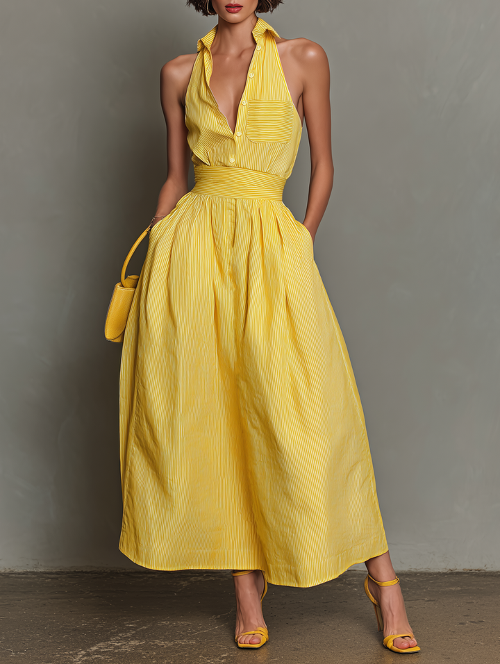 Dames Minimalistische Gestreepte Kraag Mouwloze Maxi Jurk MDZ1099D5Y