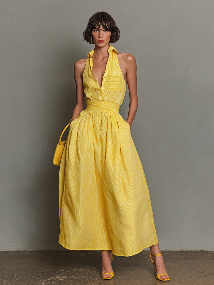 Dames Minimalistische Gestreepte Kraag Mouwloze Maxi Jurk MDZ1099D5Y