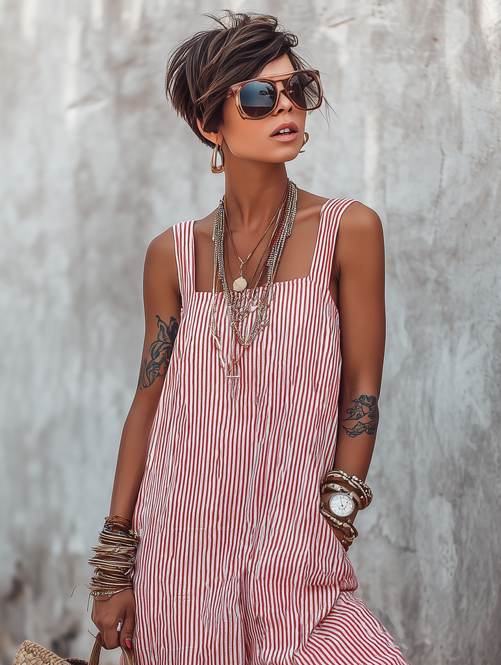 Dames Minimalistische Gestreepte Losse Vierkante Hals Mouwloze Jumpsuit MDZ1052D7Y