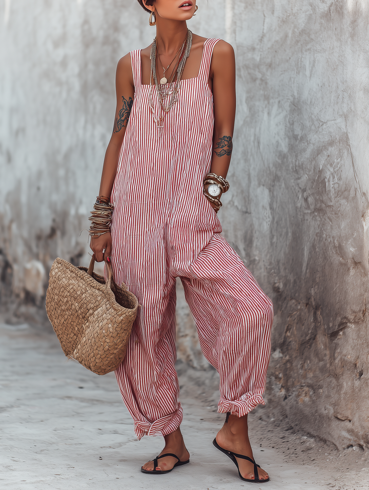 Dames Minimalistische Gestreepte Losse Vierkante Hals Mouwloze Jumpsuit MDZ1052D7Y