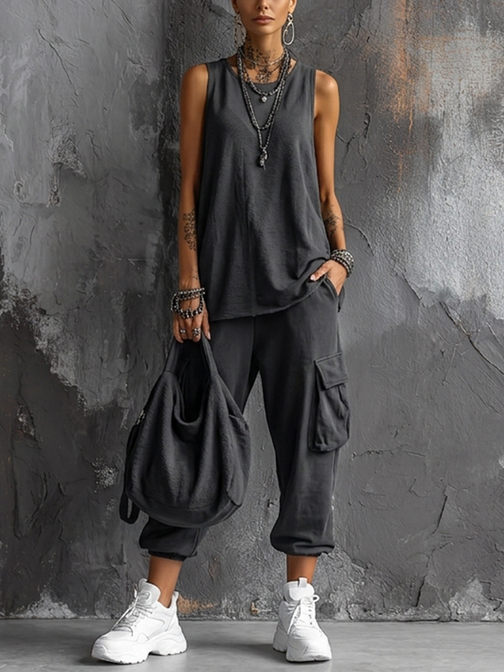 Dames Casual Stijl Donkergrijze Katoenmix Mouwloze Top + Jogger Cargo Broek Set MDZ2365D7GMJ