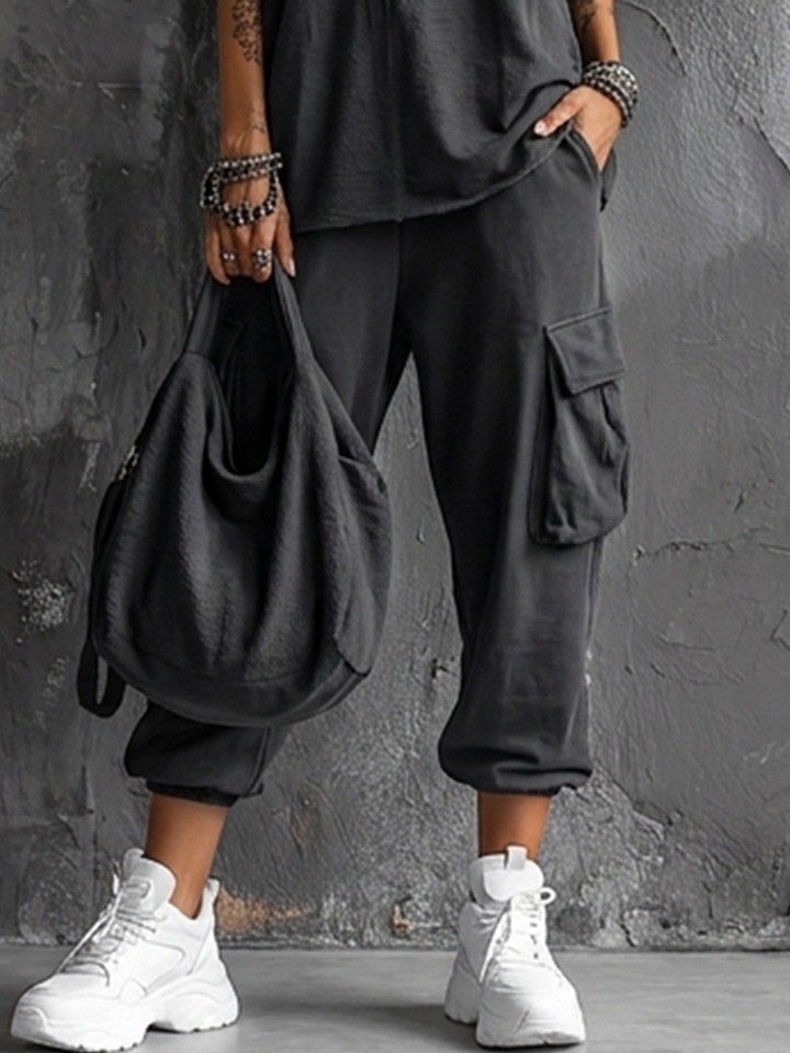 Dames Casual Stijl Donkergrijze Katoenmix Mouwloze Top + Jogger Cargo Broek Set MDZ2365D7GMJ