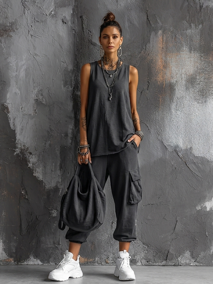 Dames Casual Stijl Donkergrijze Katoenmix Mouwloze Top + Jogger Cargo Broek Set MDZ2365D7GMJ