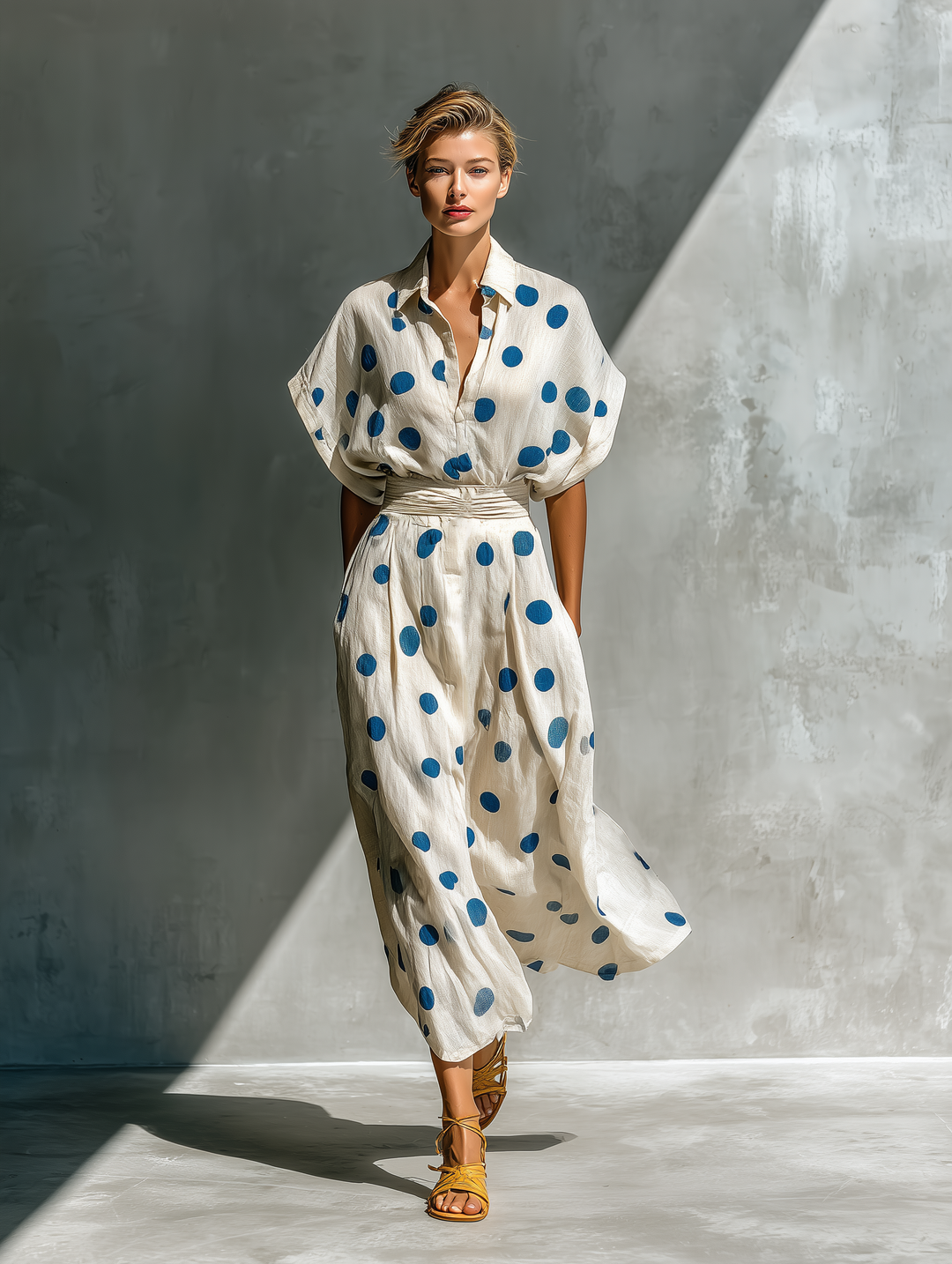 Dames Off-White Linnen-Blend Polka Dot Shirt Jurk Met Taille Cincher & Zakken MDZ2481D3T