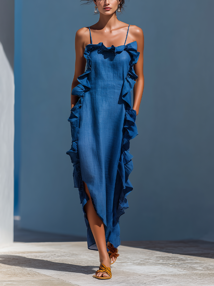 Dames Blauwe Linnenmix Spaghetti Strap Ruffle Trim Maxi Jurk Met Split MDZ2407D1T