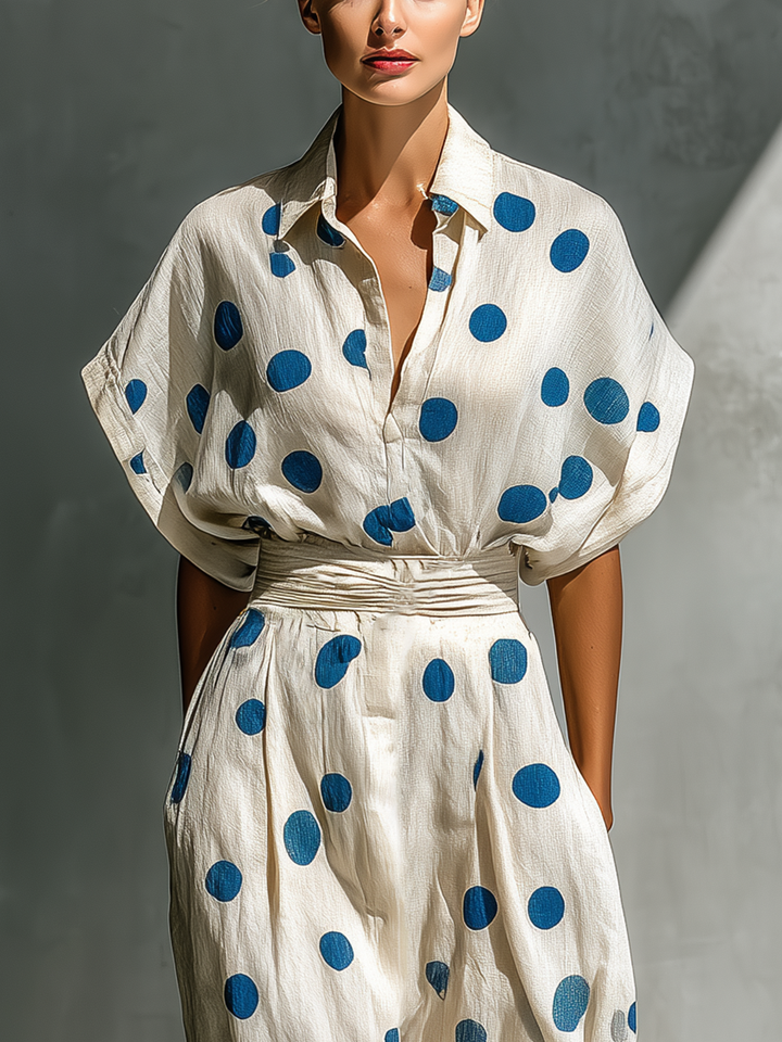 Dames Off-White Linnen-Blend Polka Dot Shirt Jurk Met Taille Cincher & Zakken MDZ2481D3T