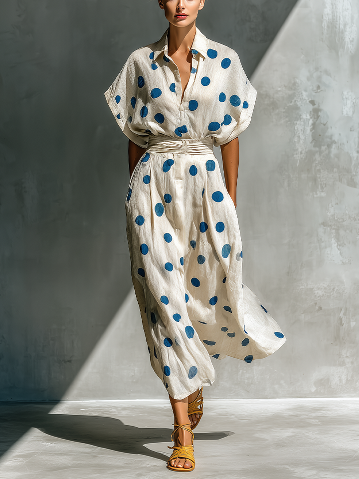Dames Off-White Linnen-Blend Polka Dot Shirt Jurk Met Taille Cincher & Zakken MDZ2481D3T