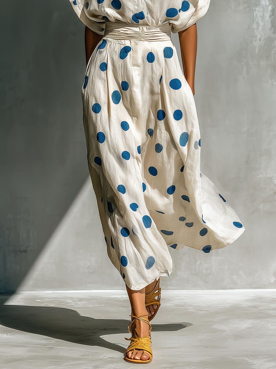 Dames Off-White Linnen-Blend Polka Dot Shirt Jurk Met Taille Cincher & Zakken MDZ2481D3T