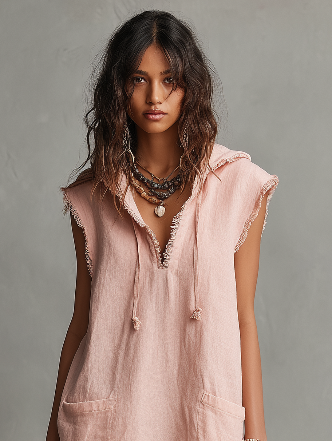 Dames Minimalistische Linnenmix Mini Jurk — Met Kap, Mouwloos, Rauwe Zoom MDZ2961D3Y