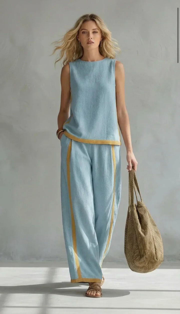 Ursula – Een chique en casual set van een vest en broek met tweekleurige details