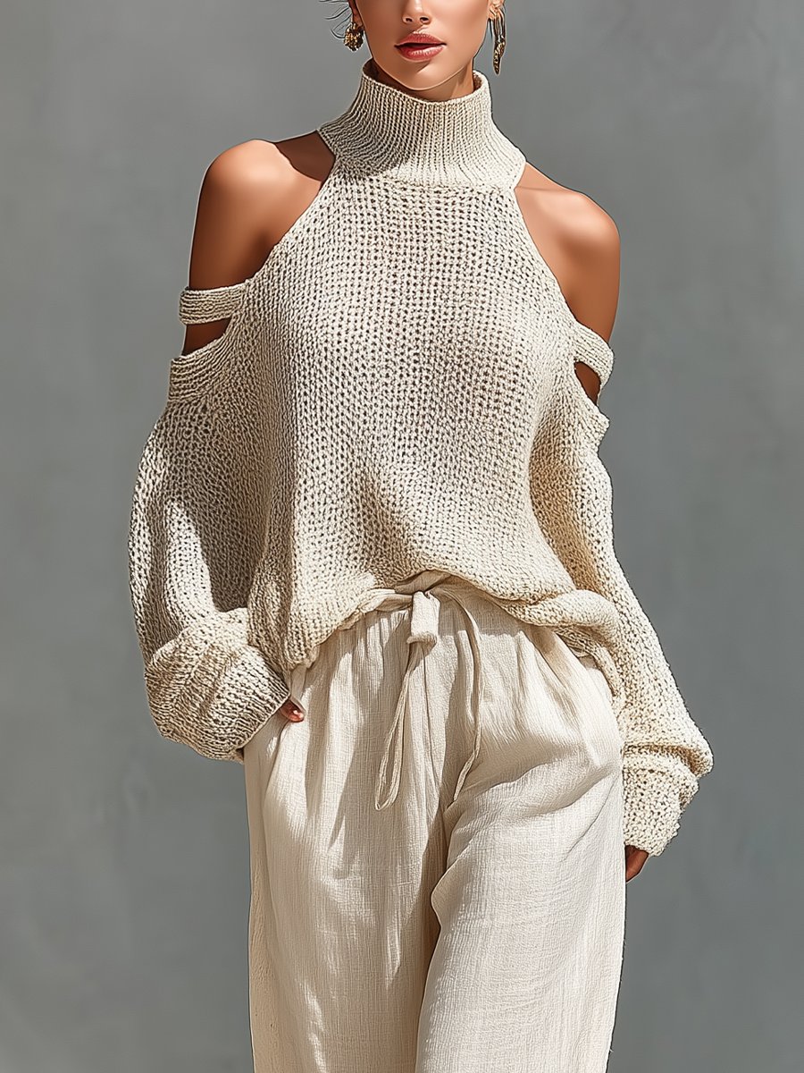 Dames Beigekleurige Gebreide Katoenen Cold-Shoulder Coltrui & Wijde Broek Set MDZ0984A5T
