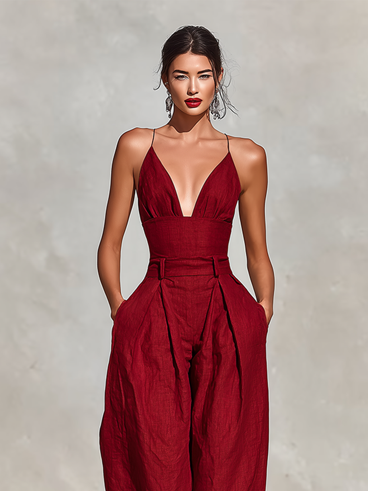 Dames Rode Linnen Jumpsuit Met Spaghetti Bandjes & Hoge Taille Plissé Broek, Tijdloze Romantisch-Elegante Stijl Jumpsuit MDZ1915C8I